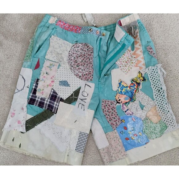 Custom Shorts OOAK Patched Appliques Faded tea dyed Oversized Grungy Miner - Picture 3 of 10